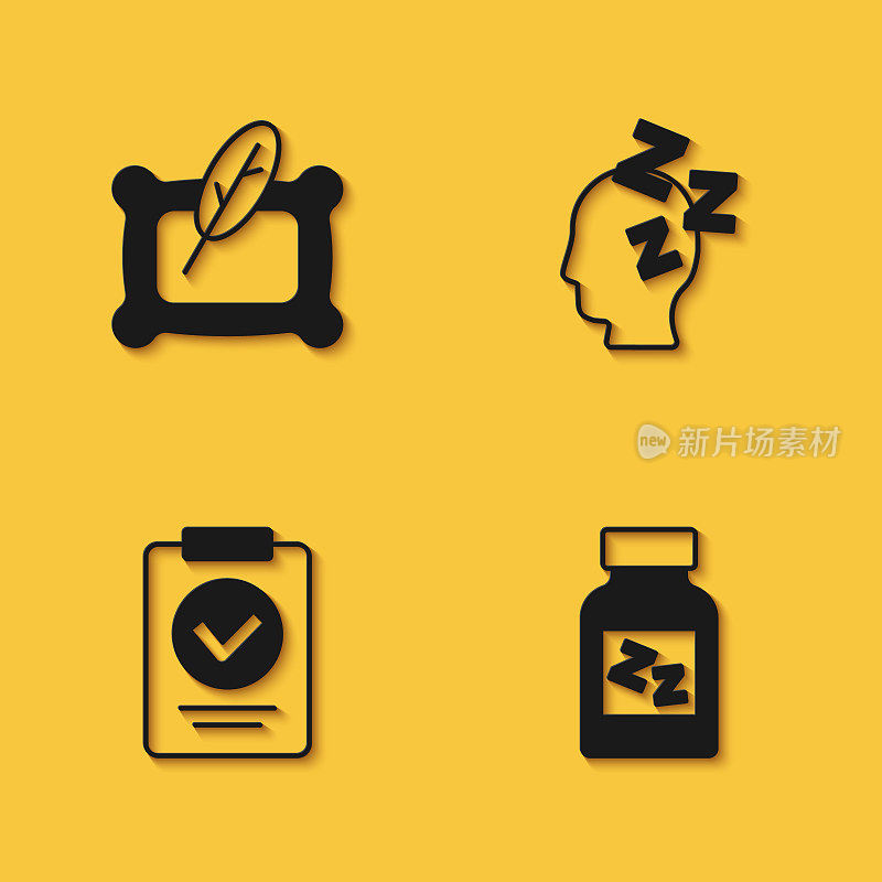 Set Pillow, Sleeping pill, Medical prescription and Dreams icon with long shadow。向量